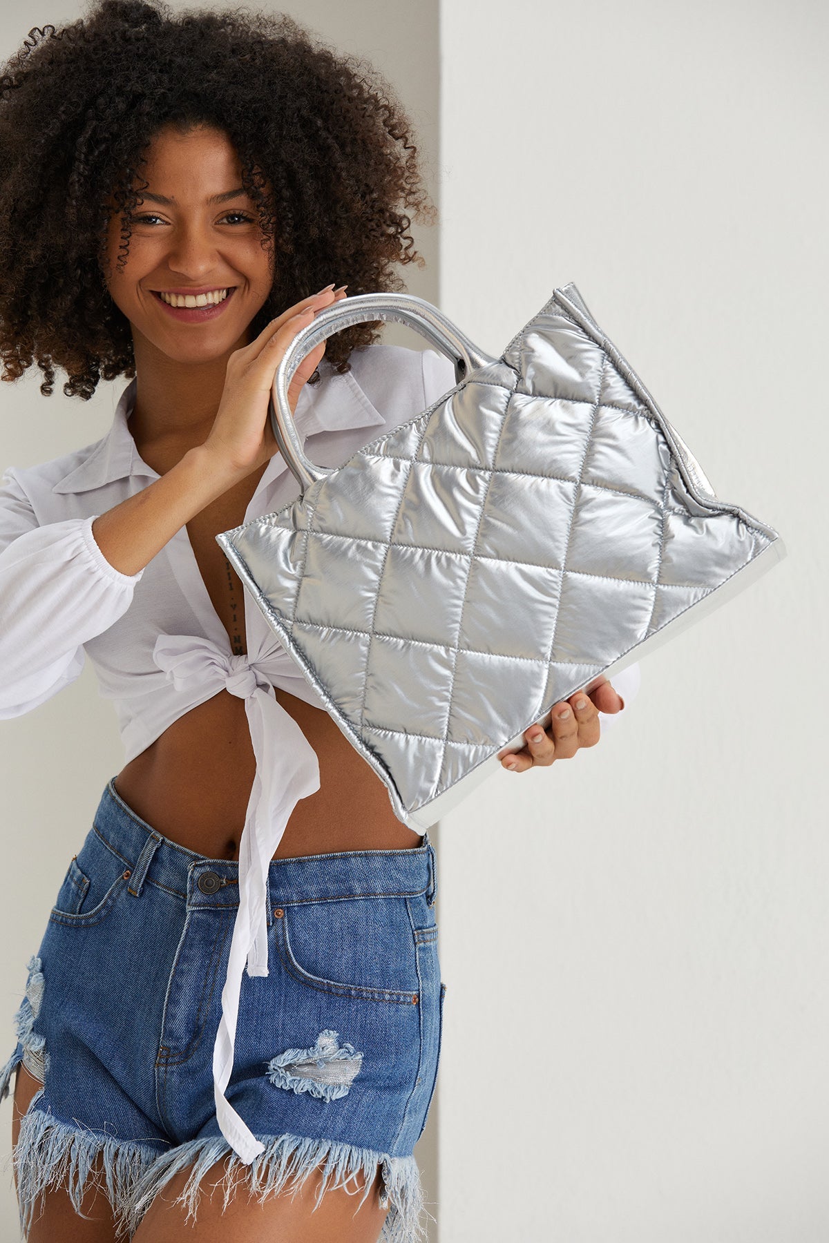 Quilted Tote Bag with Detachable Crossbody Strap - Silver
