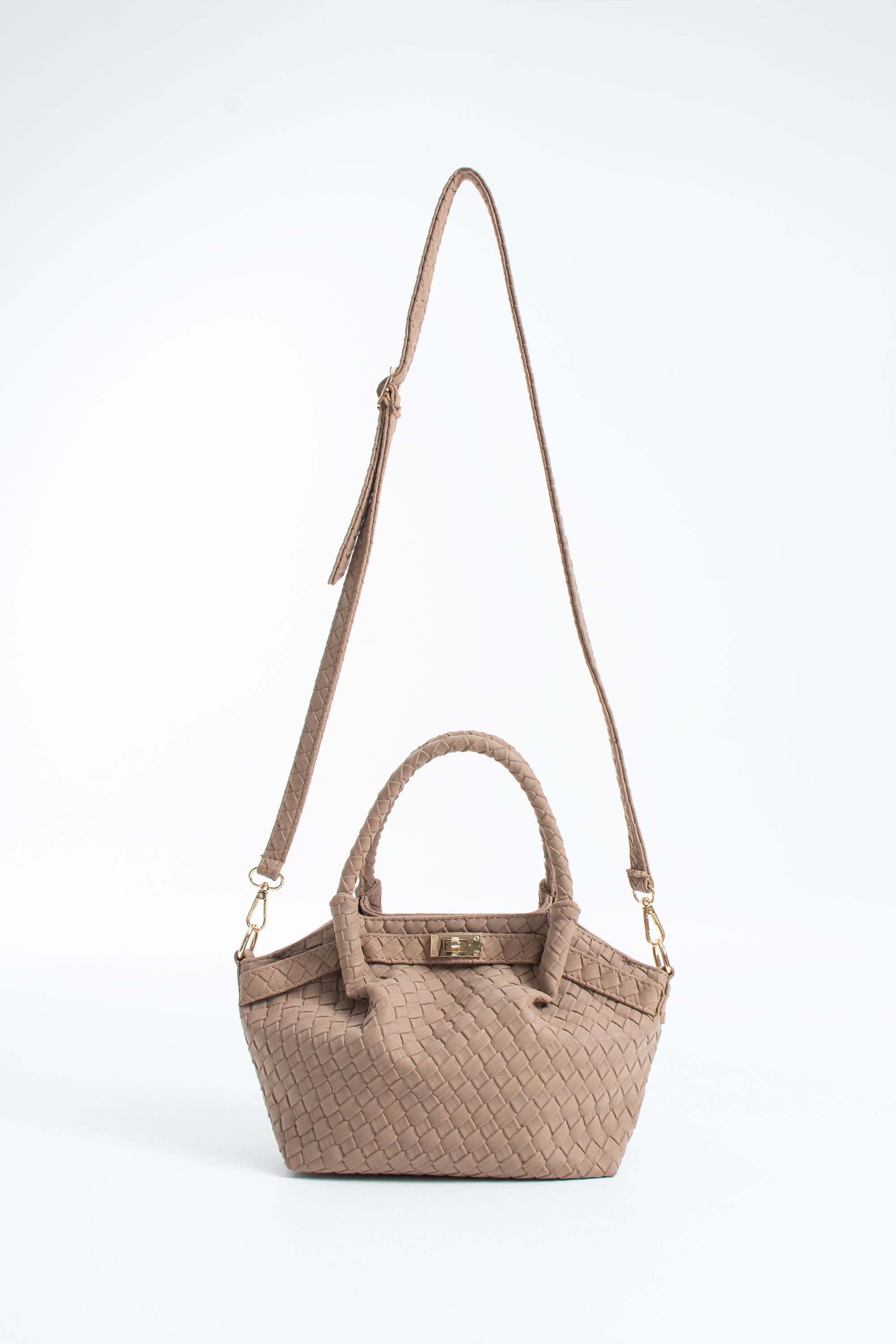 Woven Suede Top Handle Crossbody Bag with Twist Lock Detail - Beige