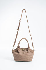 Woven Suede Top Handle Crossbody Bag with Twist Lock Detail - Beige