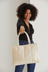Quilted Pu Leather Tote Bag with Detachable Strap - Cream
