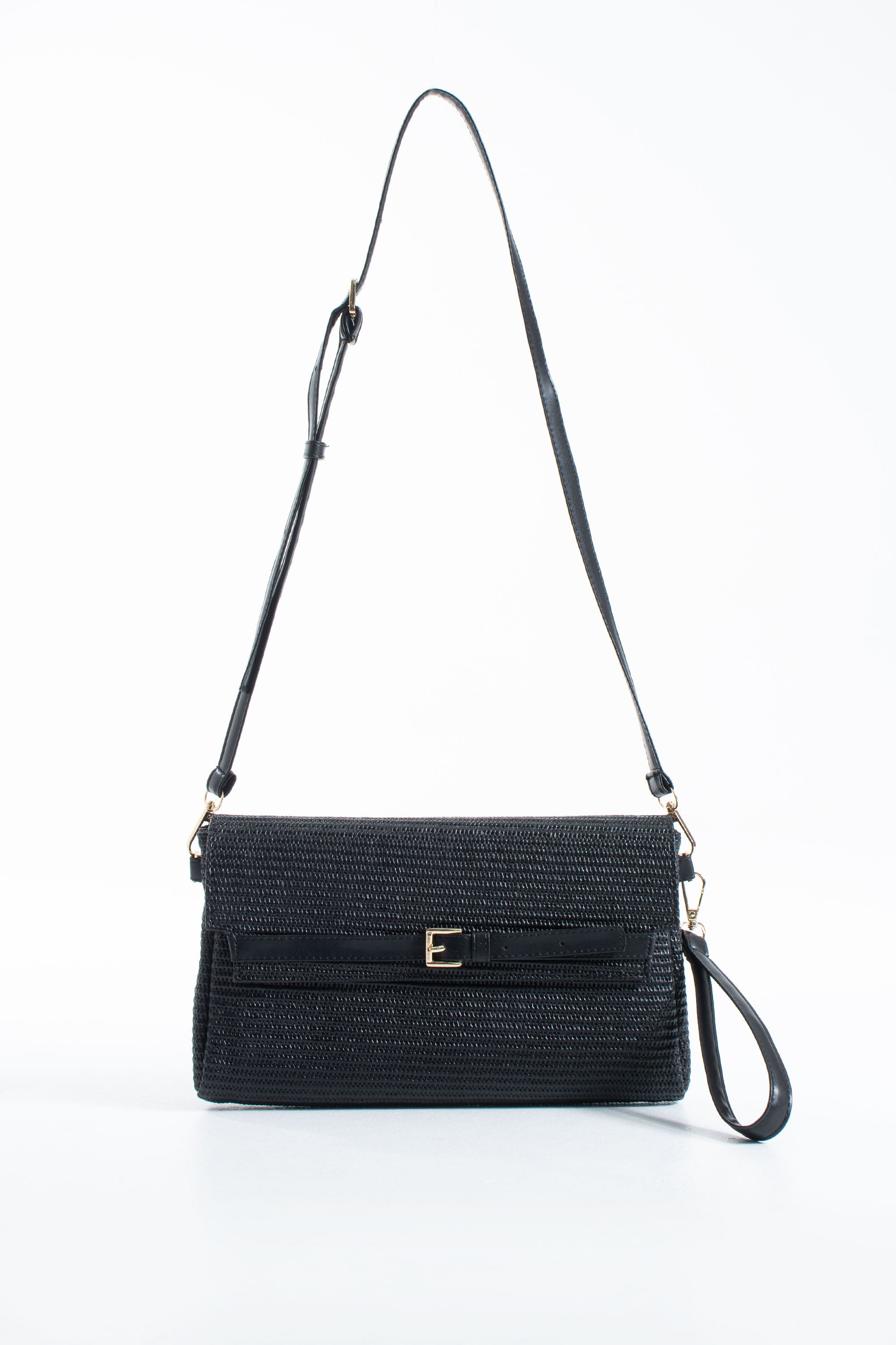 Woven Pu Leather Flap Closure Wristlet & Clutch&Crossbody  3-in-1 - Black
