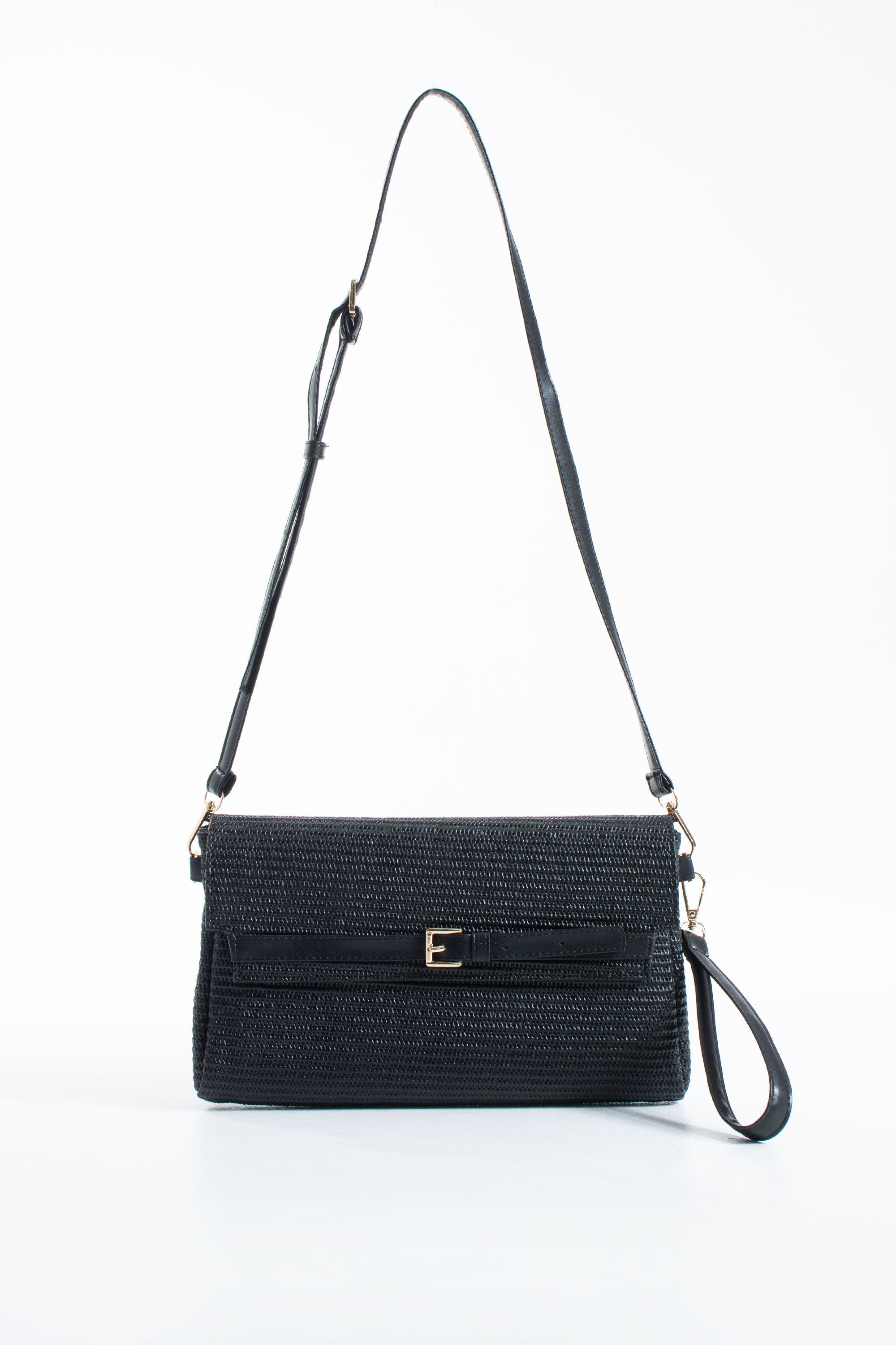 Woven Pu Leather Flap Closure Wristlet & Clutch&Crossbody  3-in-1 - Black