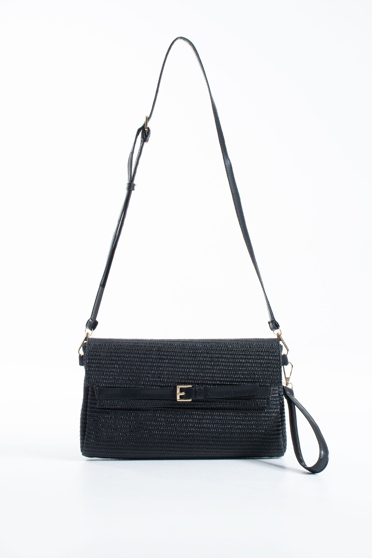 Woven Pu Leather Flap Closure Wristlet & Clutch&Crossbody  3-in-1 - Black