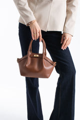 Pu Leather Top Handle Crossbody Bag with Twist Lock Detail - Tan