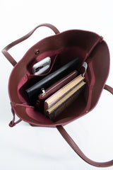 Grain Pu Leather Large Tote Bag with Matching Zipper Pouch  2PCS Set - Burgundy