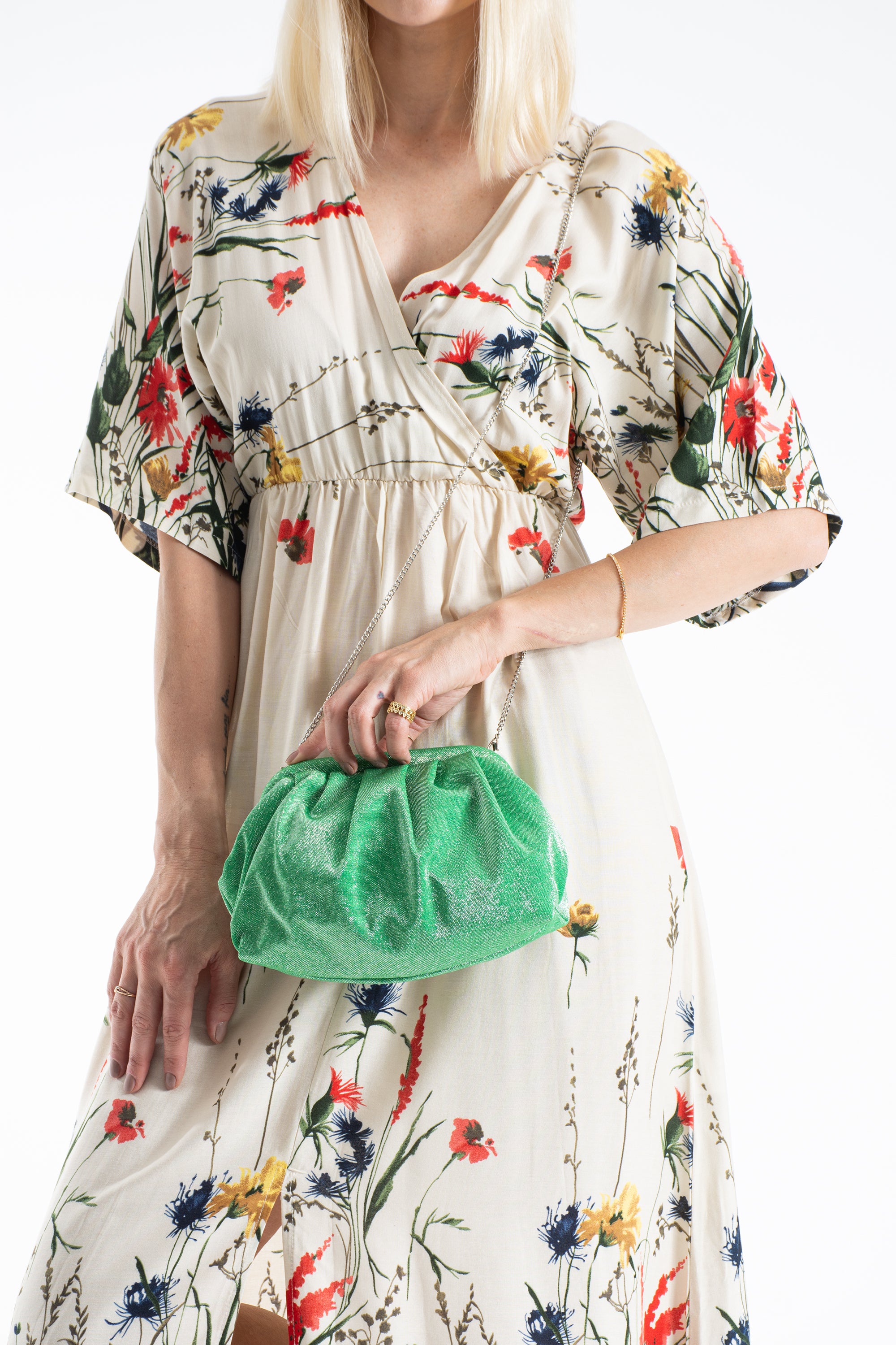 Shimmery Pouch Bag With Detachable Crossbody Strap - Green