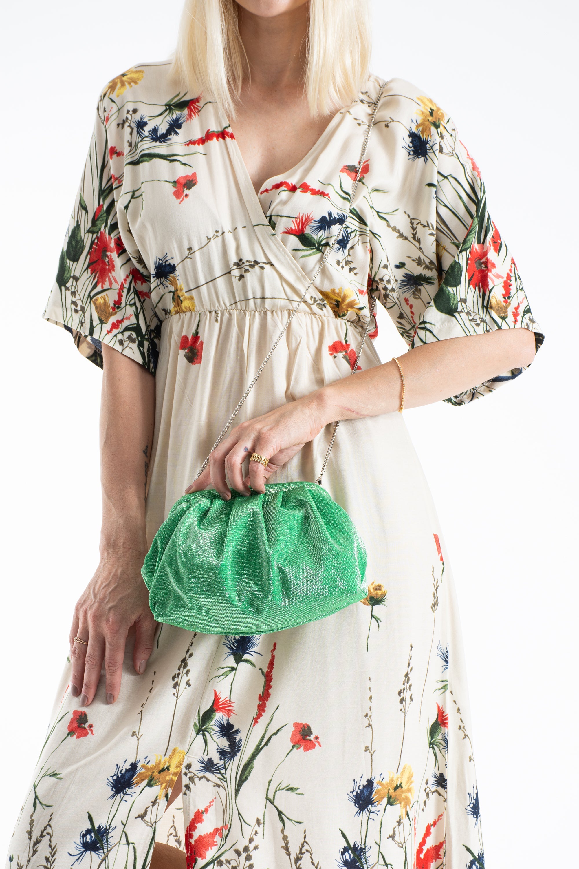 Shimmery Pouch Bag With Detachable Crossbody Strap - Green