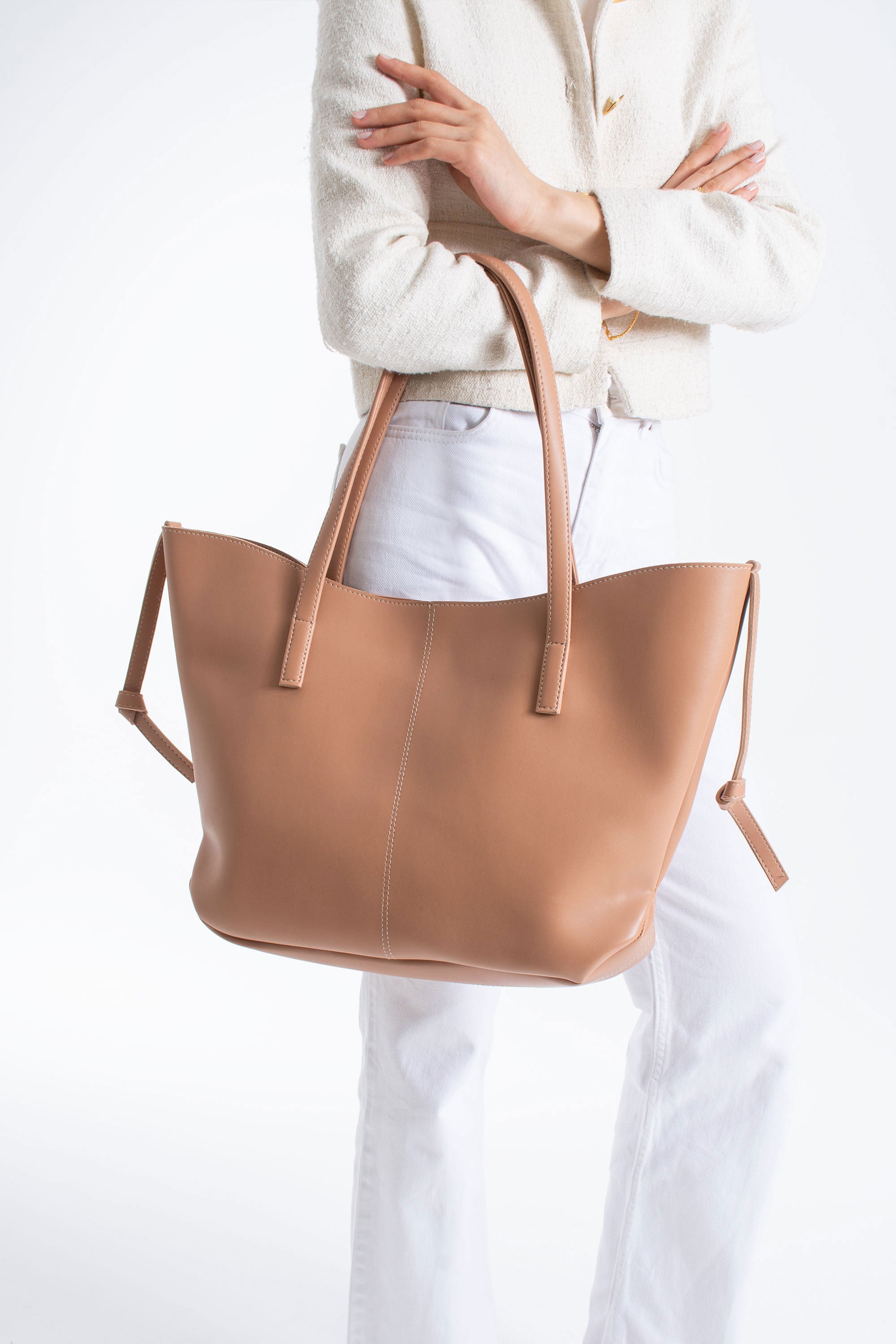 Pu Leather Large Tote Bag with Matching Zipper Pouch  2PCS Set - Nude