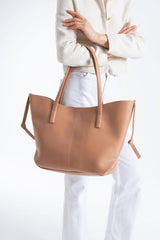 Pu Leather Large Tote Bag with Matching Zipper Pouch  2PCS Set - Nude