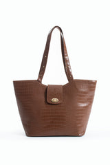 Texured Pu Leather Tote Bag with Matching Zipper Pouch 2PCS Set - Brown