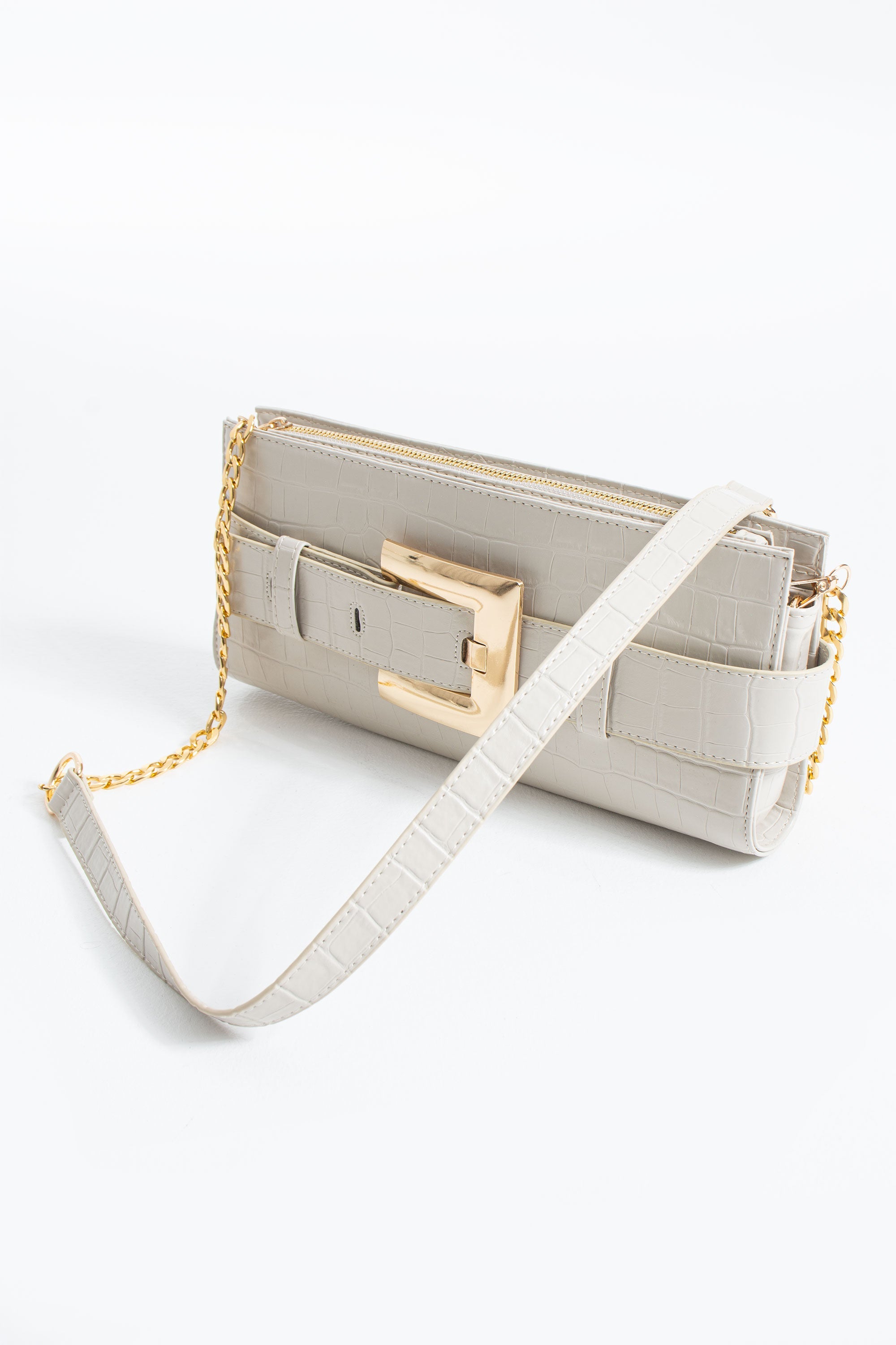 Croc PU Leather Shoulder & Clutch Bag with Large Gold Buckle - Cream