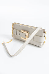 Croc PU Leather Shoulder & Clutch Bag with Large Gold Buckle - Cream