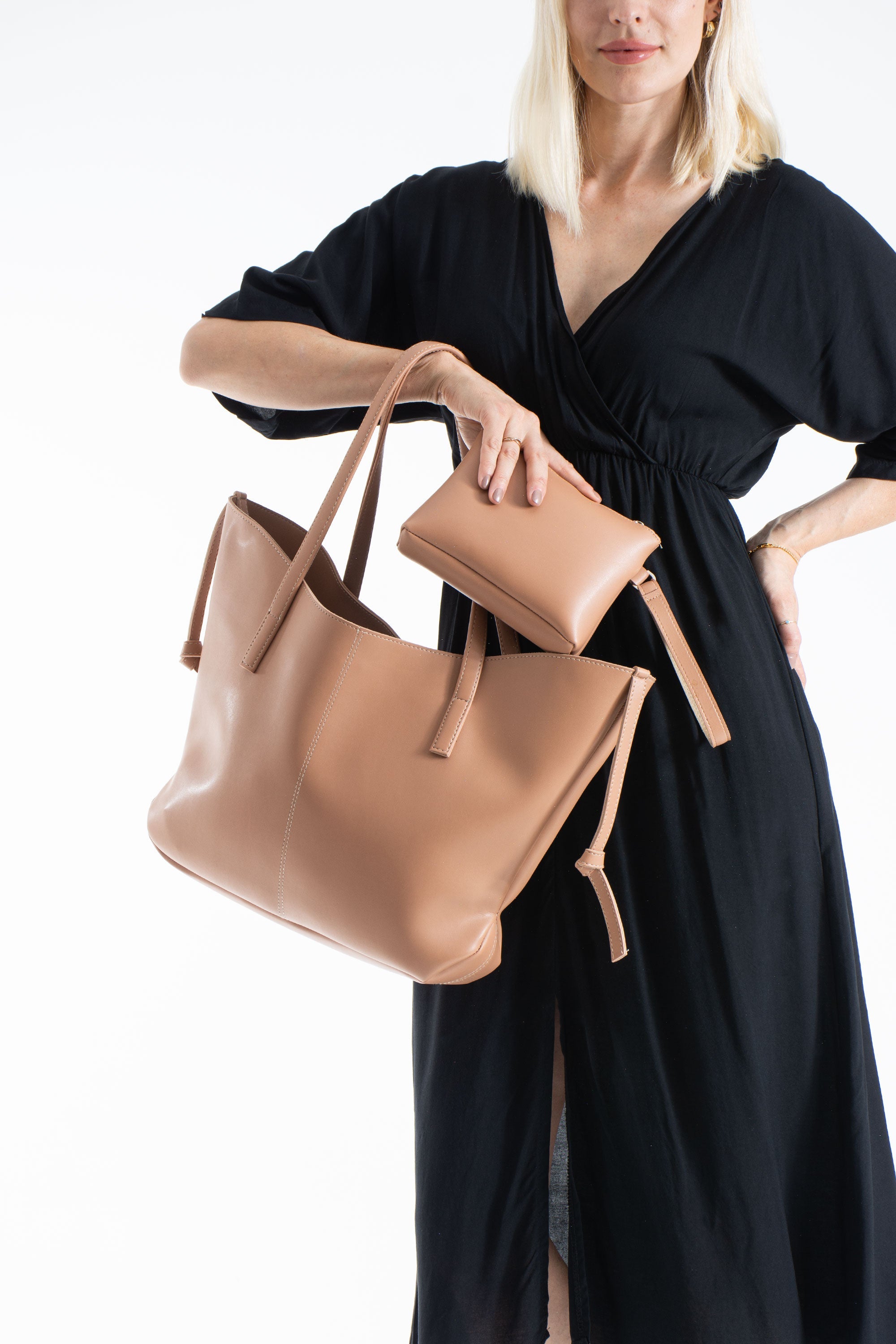 Pu Leather Large Tote Bag with Matching Zipper Pouch  2PCS Set - Nude