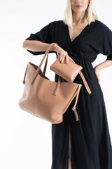 Pu Leather Large Tote Bag with Matching Zipper Pouch  2PCS Set - Nude