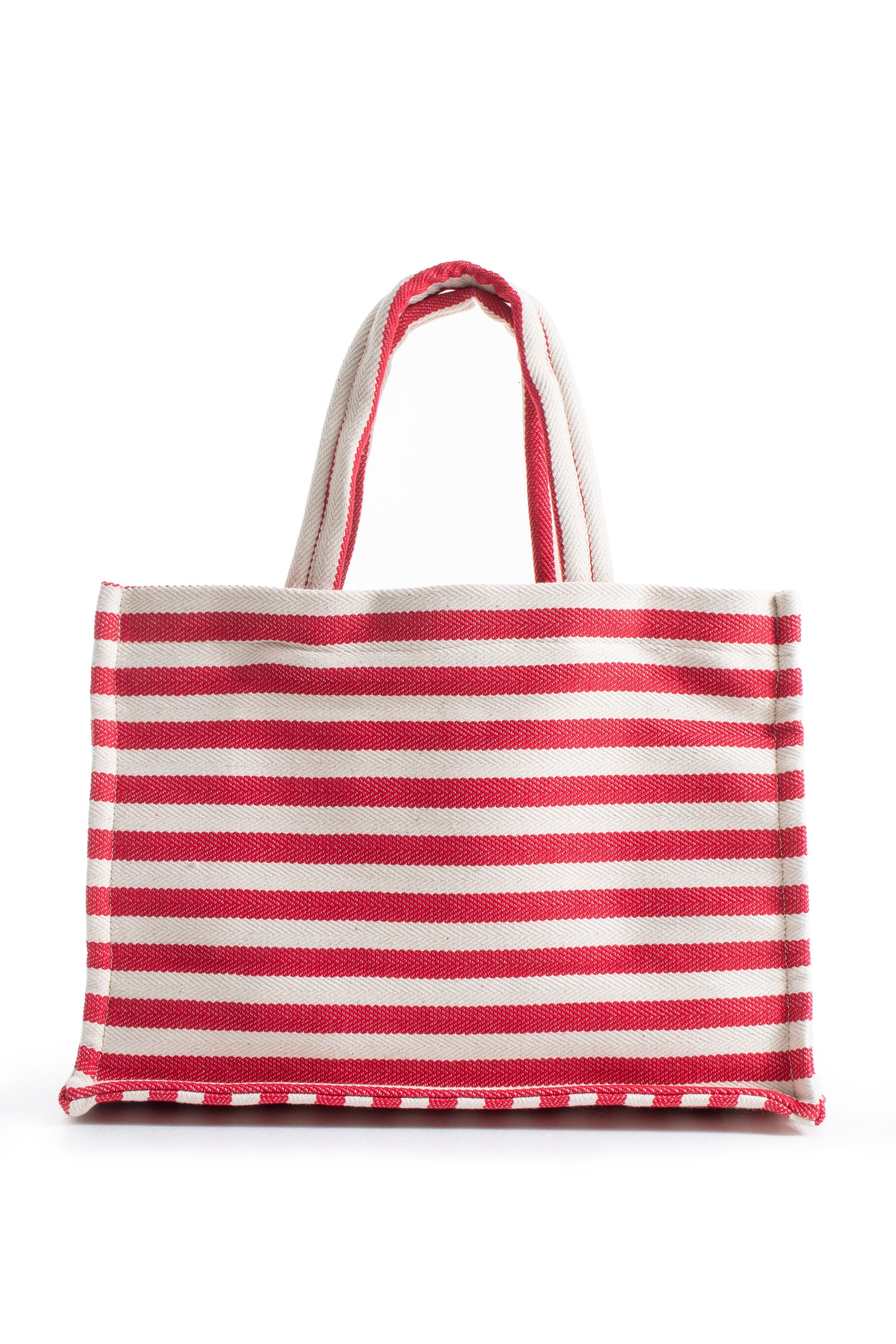 Striped Canvas Summer Tote Bag  with Matching Zipper Pouch 2 Pcs Set - Red