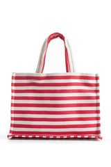 Striped Canvas Summer Tote Bag  with Matching Zipper Pouch 2 Pcs Set - Red