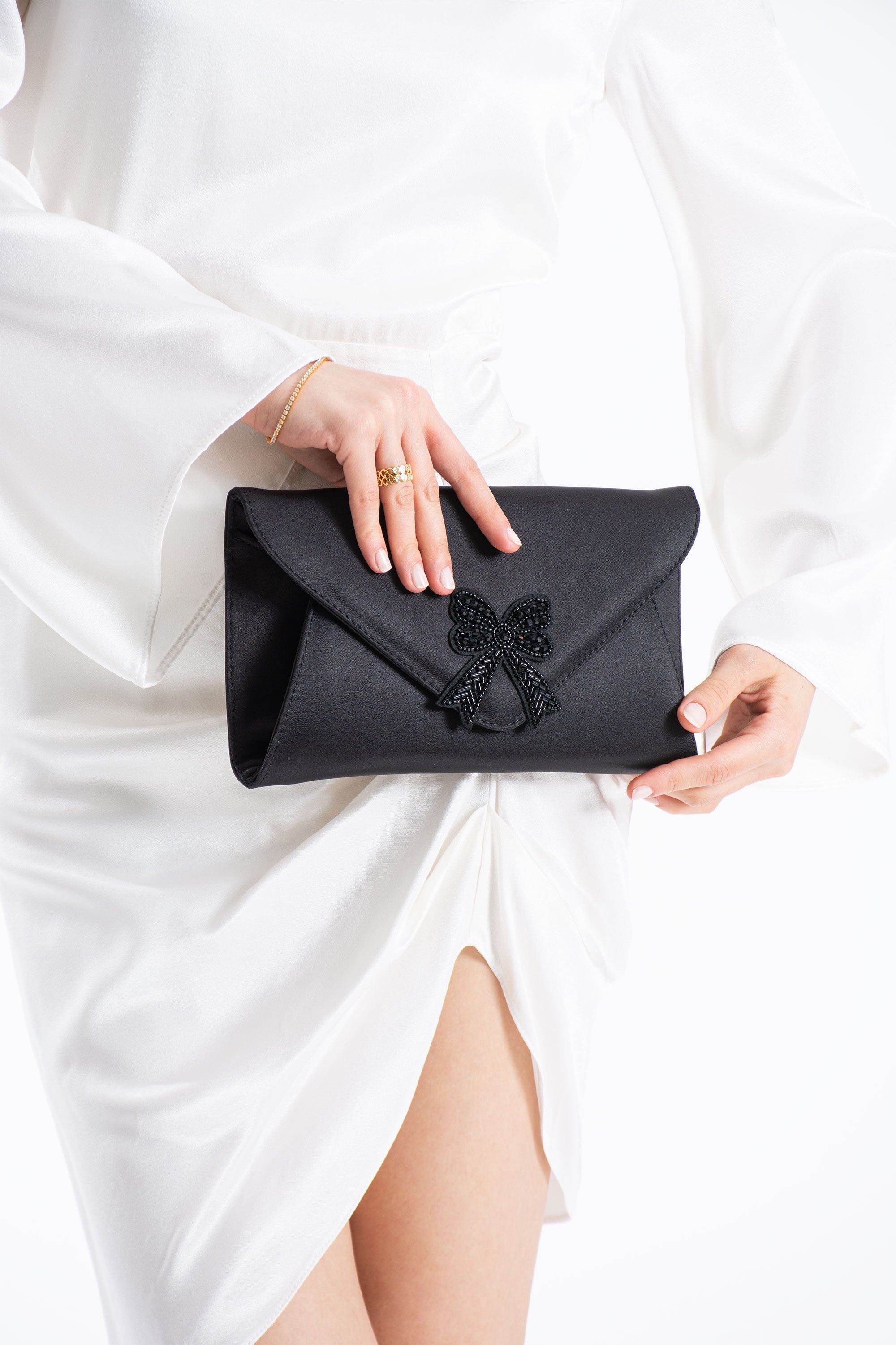 Satin Evening Clutch Bag with Embellishment - Black