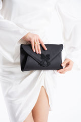 Satin Evening Clutch Bag with Embellishment - Black