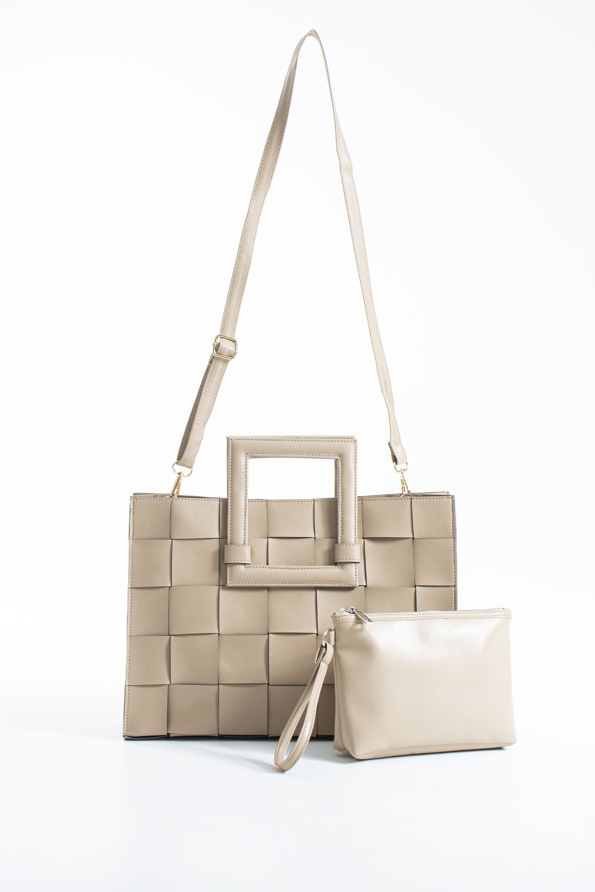 Braided Convertible Tote Bag with Detachable Crossbody Strap - Beige