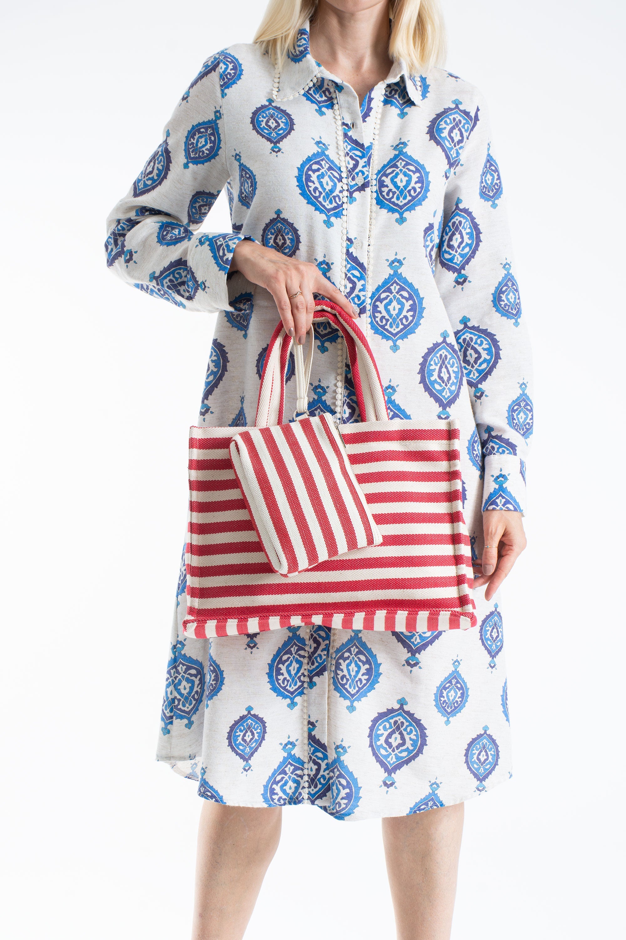 Striped Canvas Summer Tote Bag  with Matching Zipper Pouch 2 Pcs Set - Red