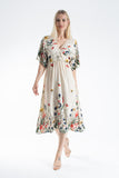 Womens Viscose Floral Print V Neck Short Sleeve Midi Dress