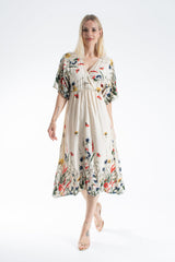Womens Viscose Floral Print V Neck Short Sleeve Midi Dress