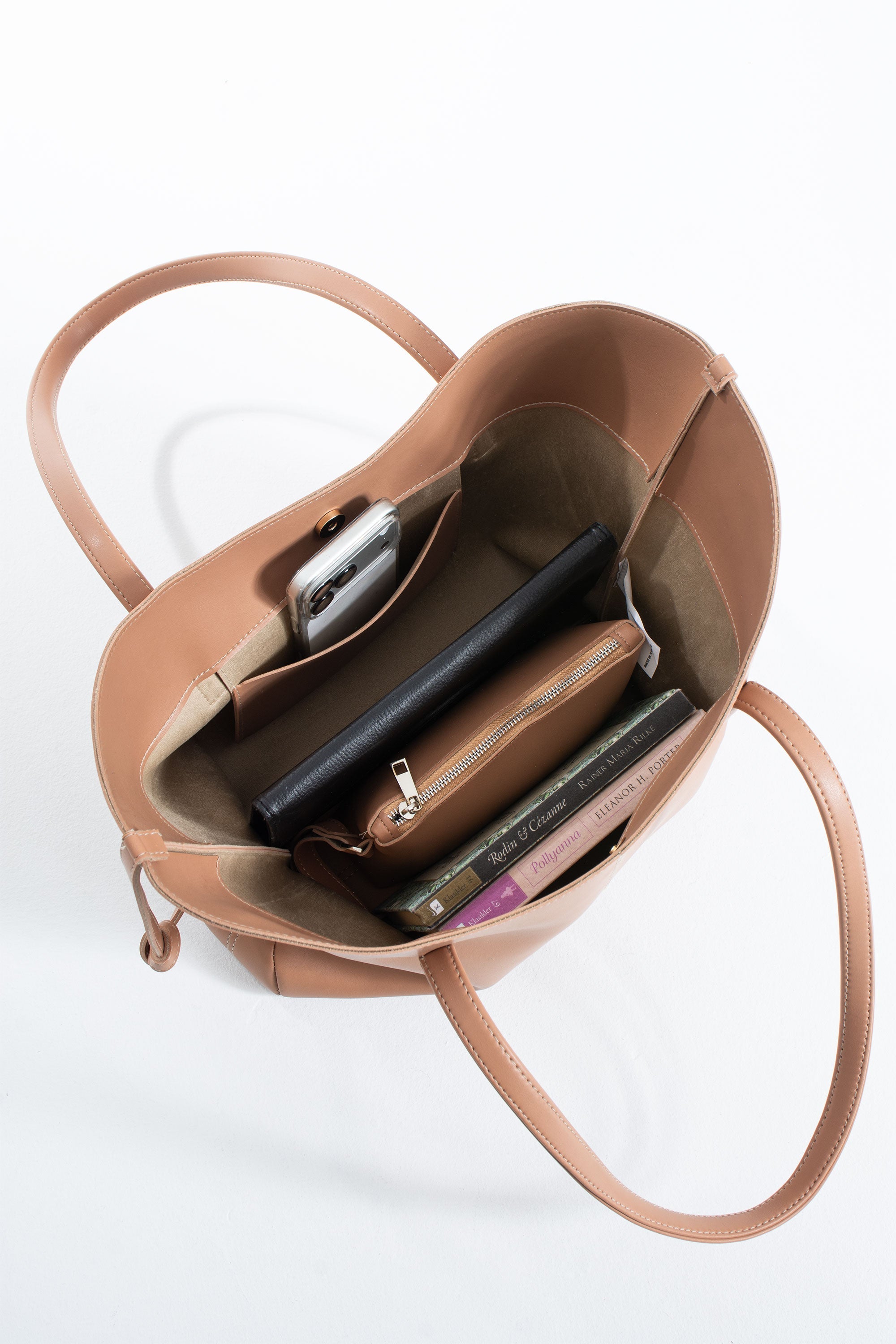 Pu Leather Large Tote Bag with Matching Zipper Pouch  2PCS Set - Nude
