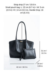 Large PU Leather Shopper Tote Bag with Matching Pouch - Black