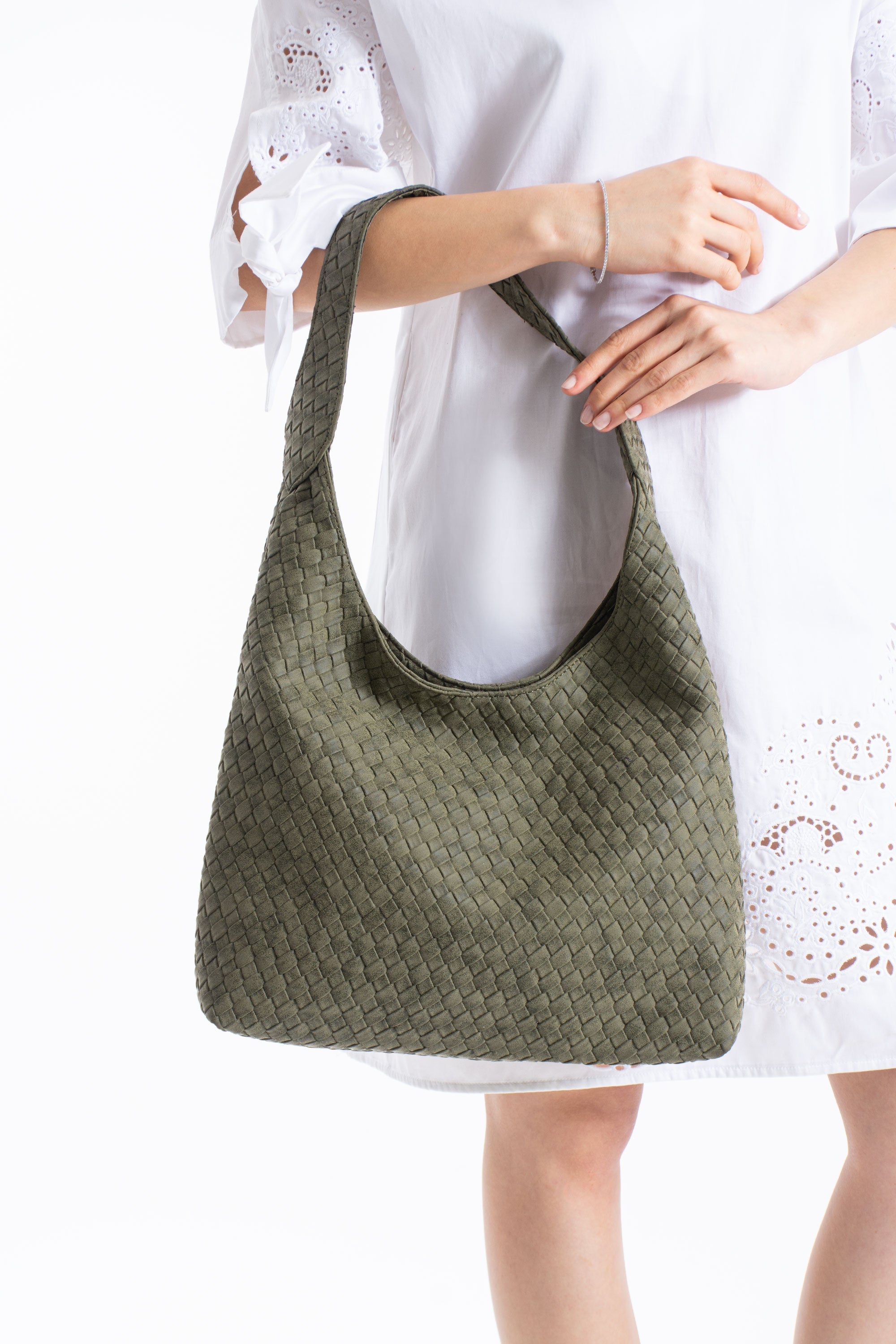Woven Suede Slouchy Tote Bag with Matching Zipper Pouch 2PCS Set - Khaki