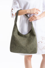 Woven Suede Slouchy Tote Bag with Matching Zipper Pouch 2PCS Set - Khaki