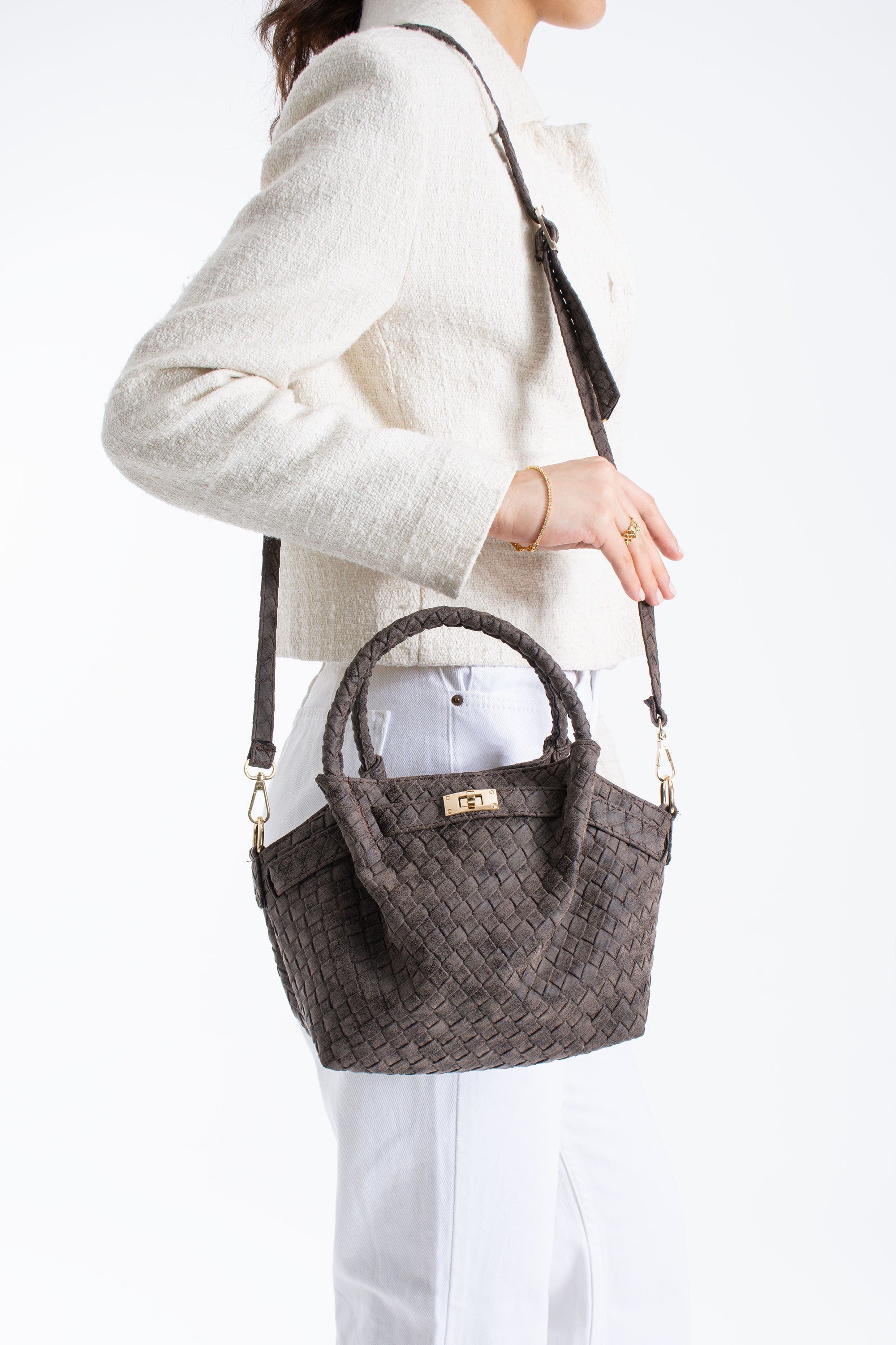 Woven Suede Top Handle Crossbody Bag with Twist Lock Detail - Brown