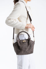 Woven Suede Top Handle Crossbody Bag with Twist Lock Detail - Brown