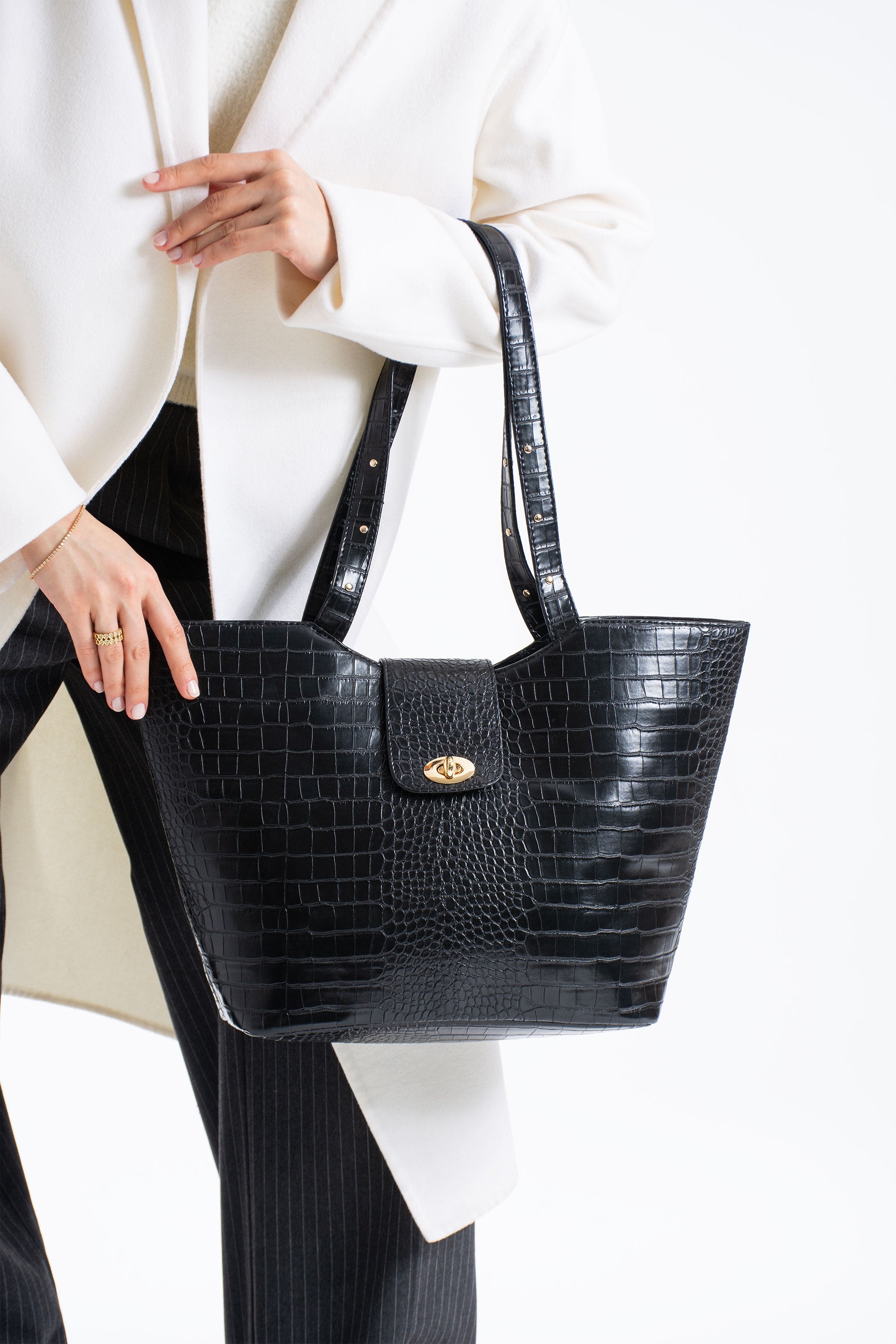 Texured Pu Leather Tote Bag with Matching Zipper Pouch 2PCS Set - Black