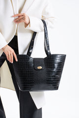 Texured Pu Leather Tote Bag with Matching Zipper Pouch 2PCS Set - Black