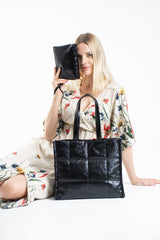 Quilted Crinkle Patent Pu Leather Tote Bag - Black
