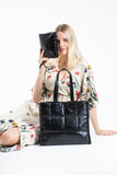 Quilted Crinkle Patent Pu Leather Tote Bag - Black