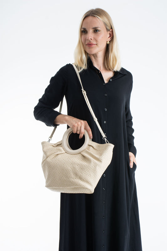 Woven  Pu Leather Top Handle Tote Bag with Adjustable  Crossbody Strap - Cream