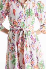 Women’s Linen Blend Ornamental Print Midi Shirt Dress - Cream
