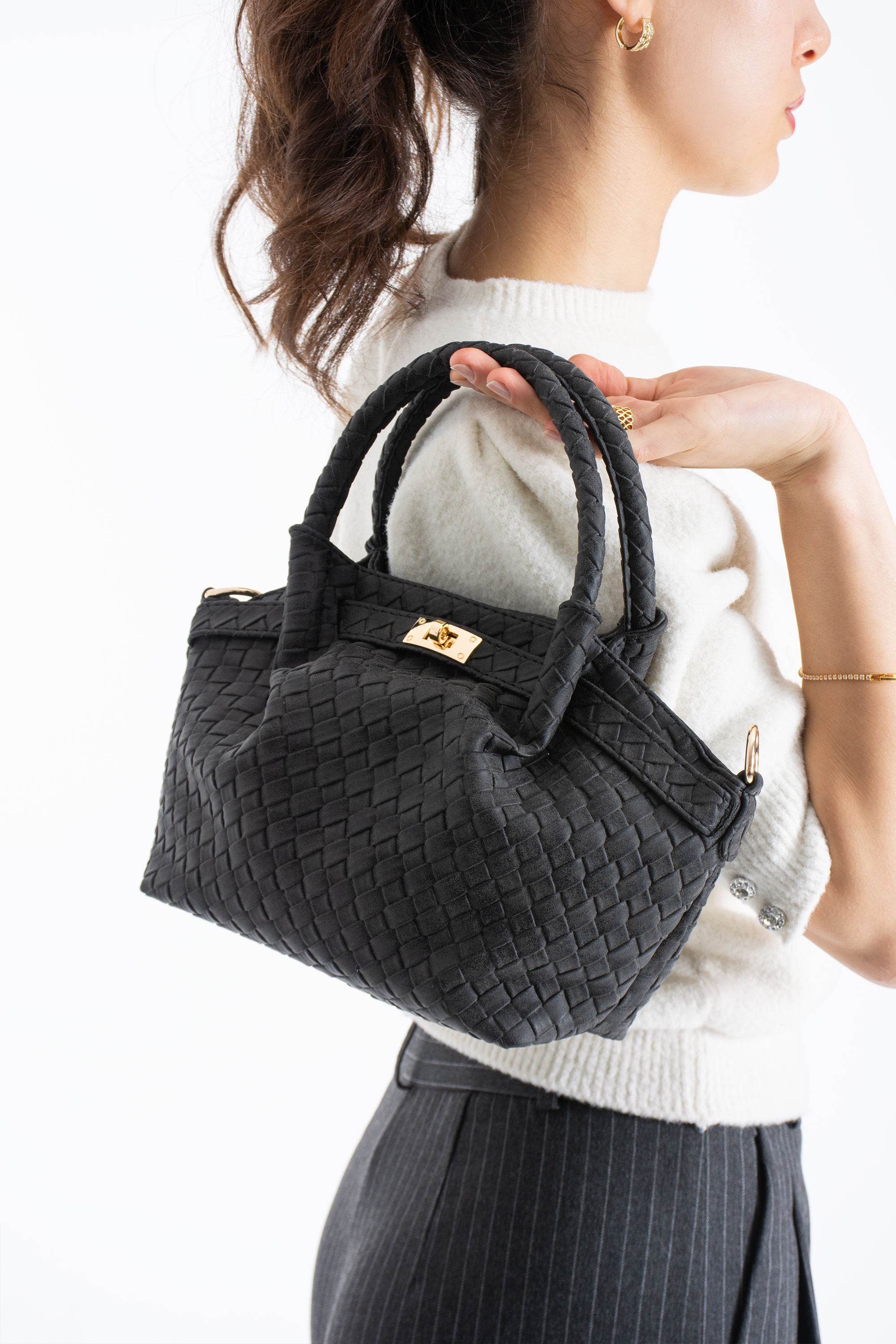 Woven Suede Top Handle Crossbody Bag with Twist Lock Detail - Black