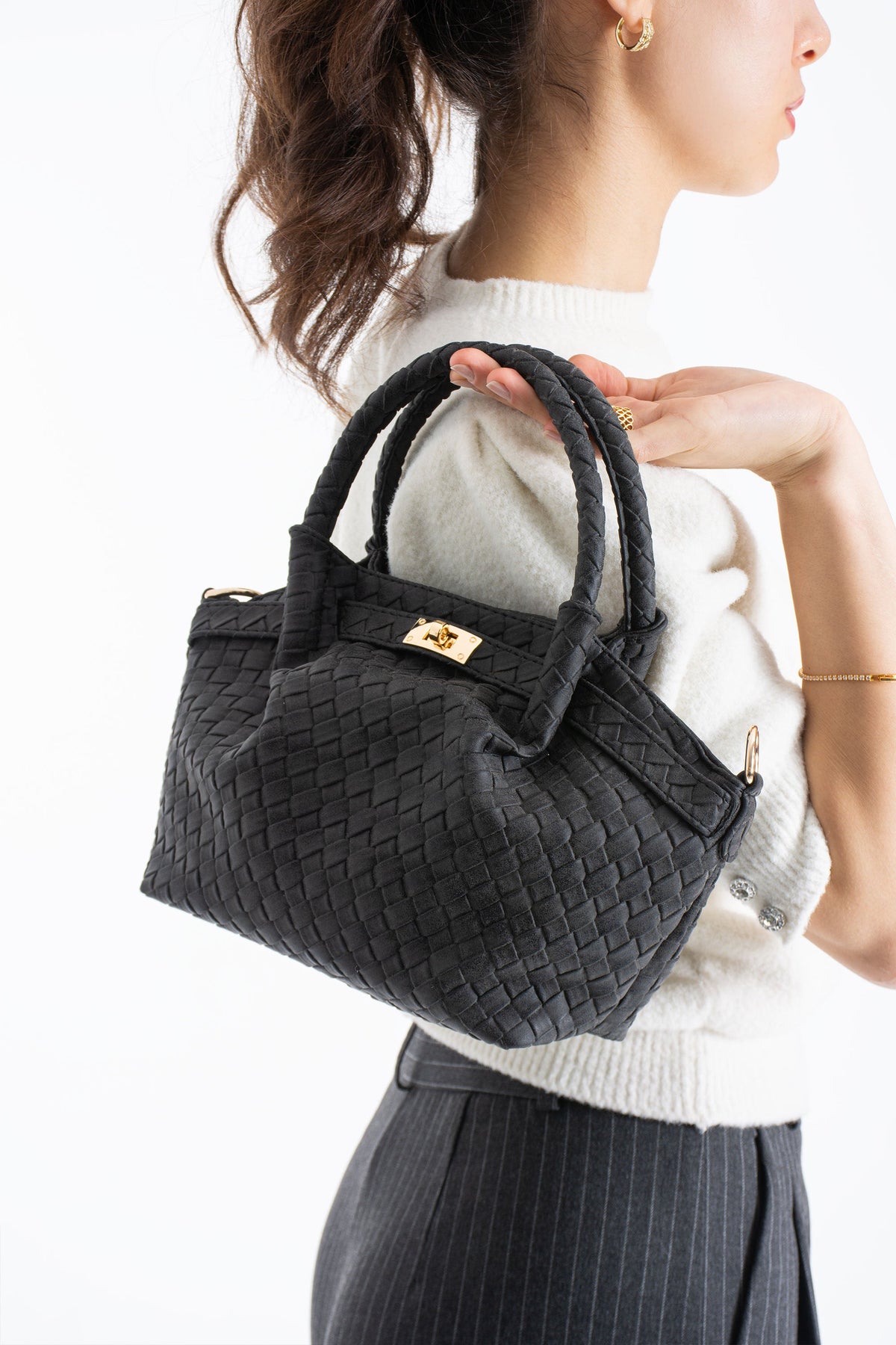 Woven Suede Top Handle Crossbody Bag with Twist Lock Detail - Black