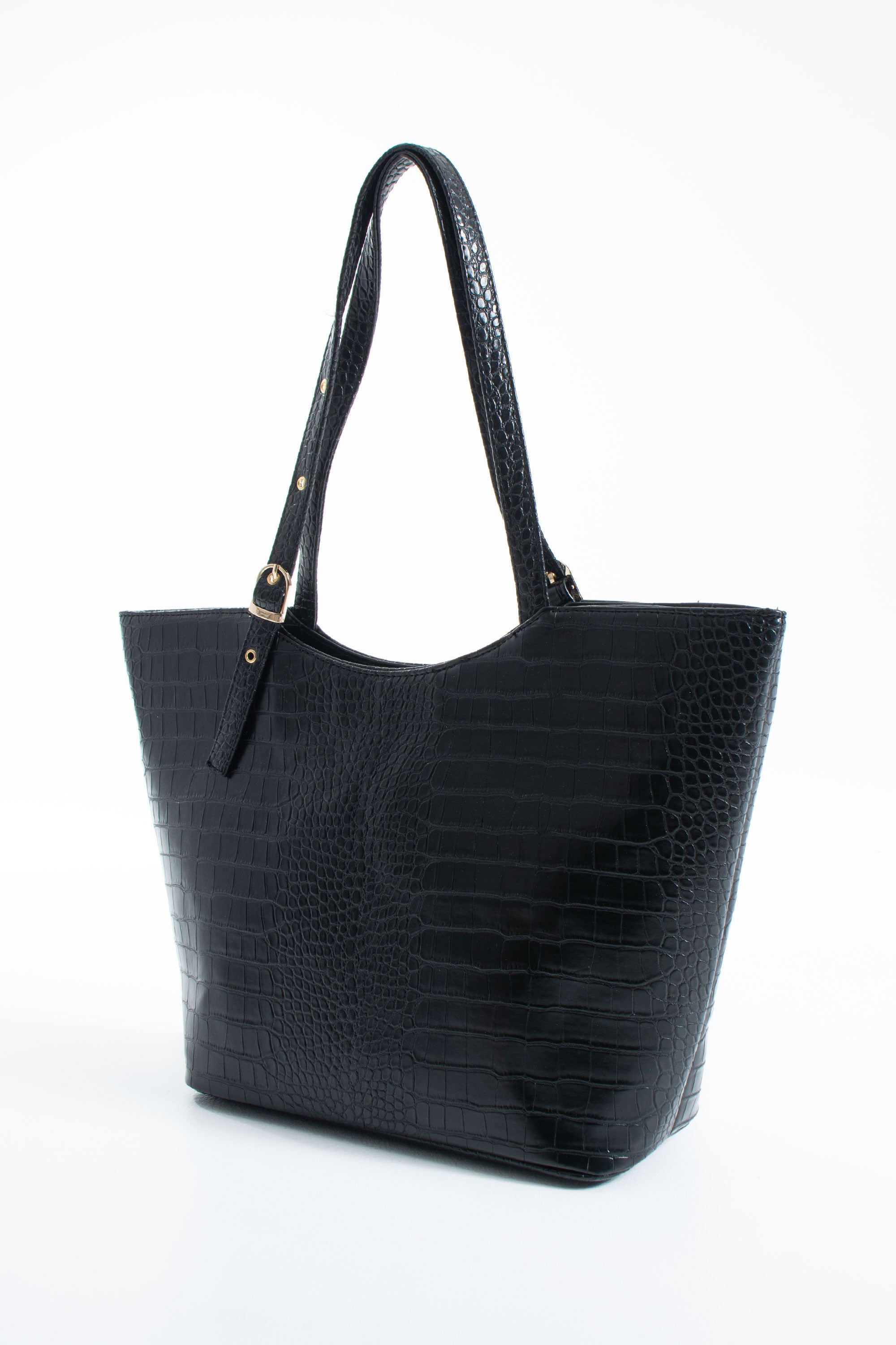 Textured  Pu Leather Tote Bag with Matching Zipper Pouch 2PCS Set - Black