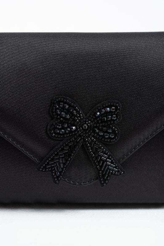 Satin Evening Clutch Bag with Embellishment - Black