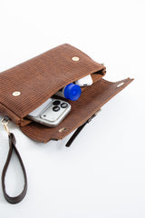 Woven Pu Leather Flap Closure Wristlet & Clutch&Crossbody  3-in-1 - Tan