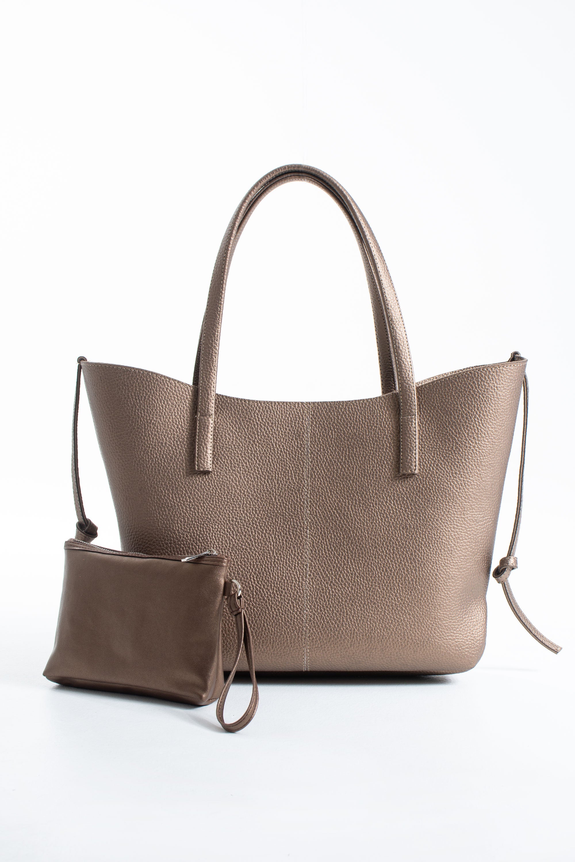 Grain Pu Leather Large Tote Bag with Matching Zipper Pouch  2PCS Set - Gold