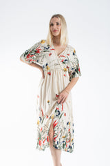 Womens Viscose Floral Print V Neck Short Sleeve Midi Dress