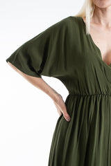 Womens Viscose V Neck Short Sleeve Midi Dress - Khaki