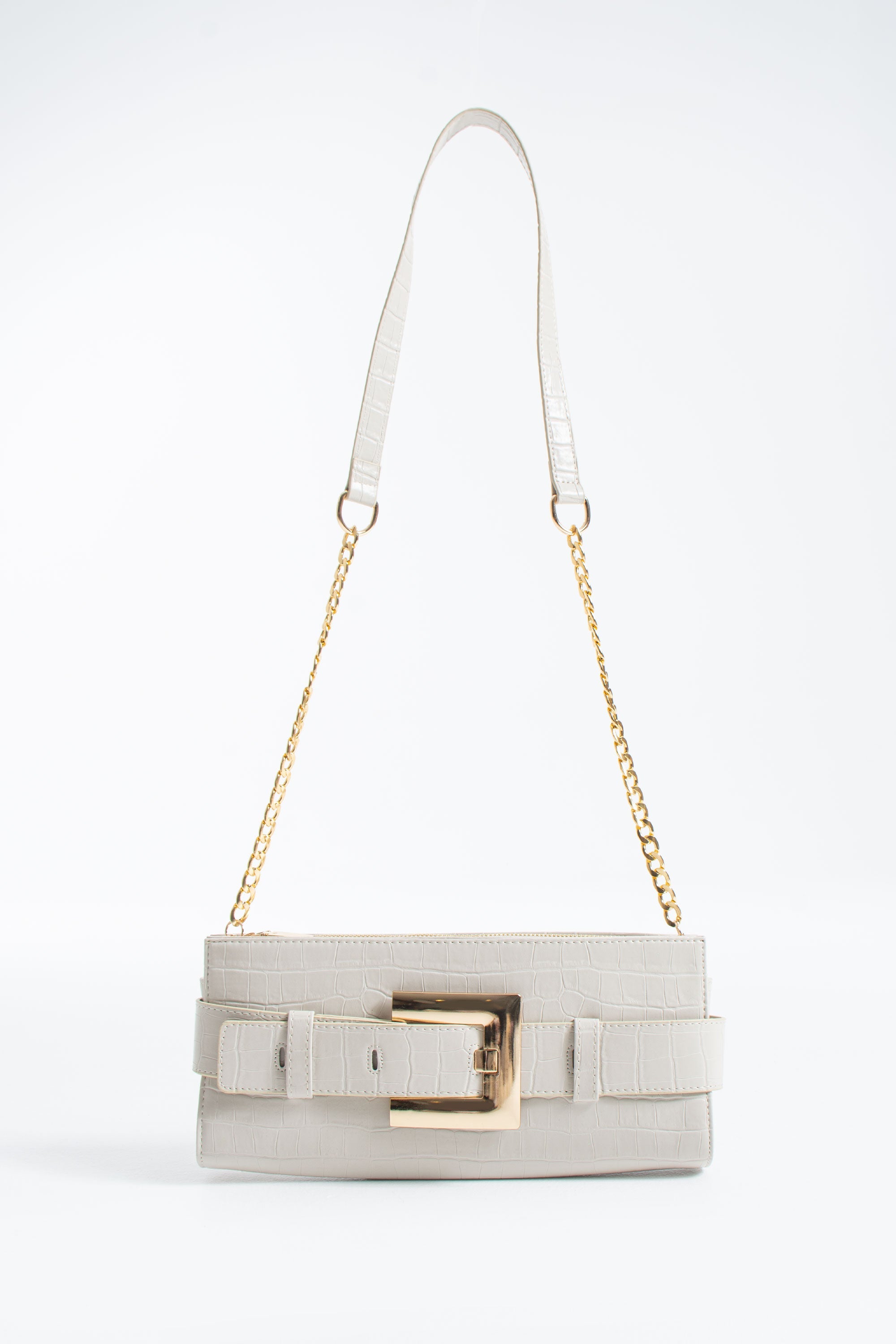 Croc PU Leather Shoulder & Clutch Bag with Large Gold Buckle - Cream
