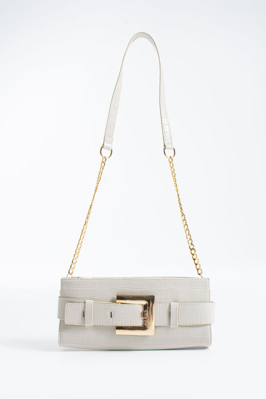 Croc PU Leather Shoulder & Clutch Bag with Large Gold Buckle - Cream