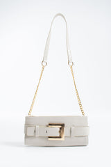 Croc PU Leather Shoulder & Clutch Bag with Large Gold Buckle - Cream