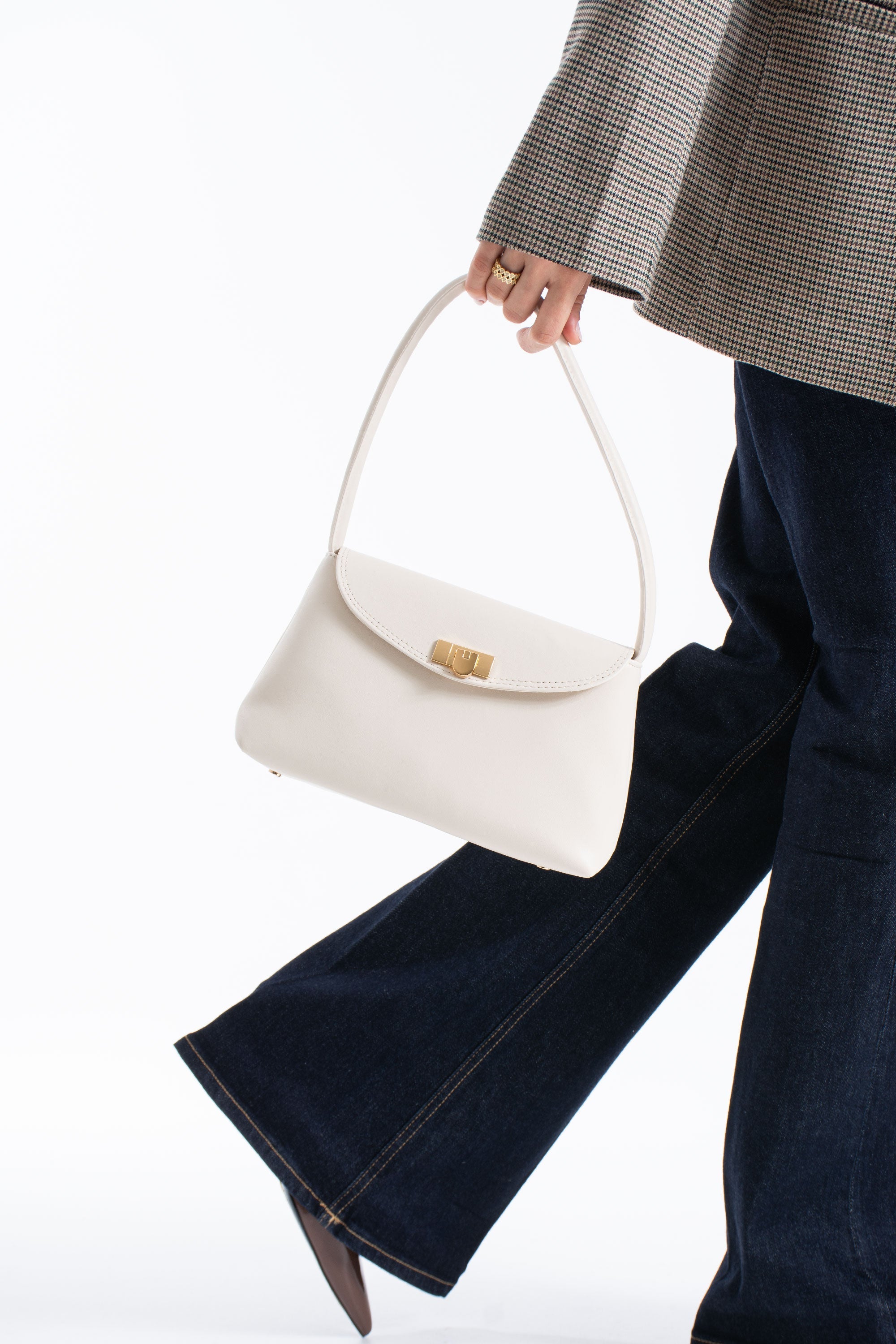 Pu Leather Flap Shoulder Bag - Cream